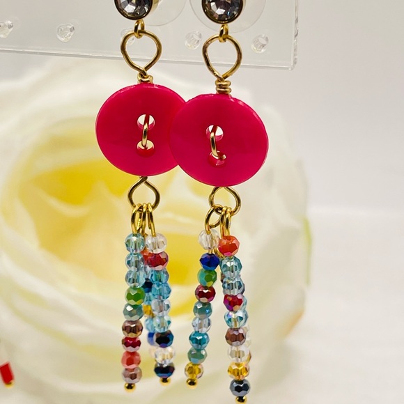 SALE TODAY!! Handmade Pink Button Beaded Dangle Earrings - Picture 2 of 2